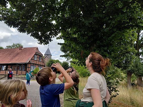Mehrere Kinder und eine erwachsene Person blicken mit Ferngläsern in das dichte Kronendach einer Linde. Im Hintergrund stehen ein Fachwerkhaus und eine Kirche.