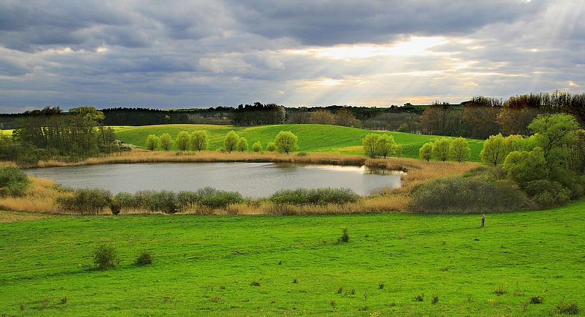 In Mitten von grünen Feldern liegt ein kleiner See. Er ist umrahmt von Bäumen. Durch dunkle Wolken scheint die Sonne auf den See.