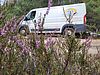Der Transporter der Imkerei Theis ist durch die blühende Heide unterwegs zu den Bienenbeuten.