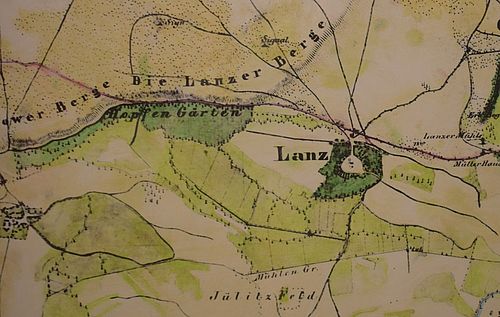 Nahaufnahme einer historischen Karte von Lanz und Umgebung.