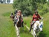 Mehrere Menschen zu Pferd auf einem Reitweg, entlang einer grünen Wiese und vorbei an grünen Büschen.
