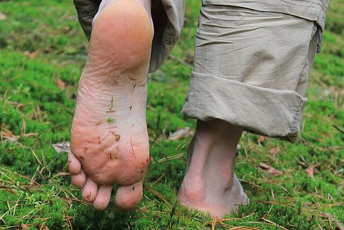 Barfuß gehende Person auf einer Wiese mit hochgehobenem linken Fuß und sichtbarer Fußsohle.