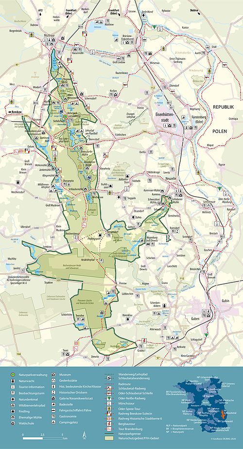 Dies ist eine touristische Karte des Naturparks Schlaubetal. Wichtige Rad- und Wanderwege sind hier verortet.