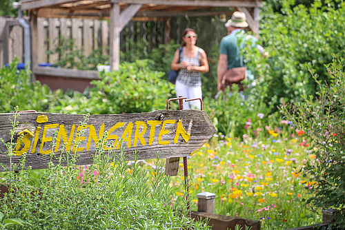 Menschen besichtigen einen Garten mit vielen Blumen. Ein Schild mit der Aufschrift Bienengarten