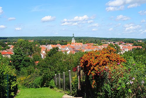 Blick auf eine Siedlung mit roten Dächern und einer Kirche, umgeben von grünen Bäumen unter blauem Himmel mit Wolken.