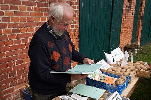 Ein älterer Herr blättert durch ein Buch, im Hintergrund liegen Kartoffeln in Kisten.